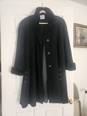 LINDA RICHARDS Vintage women Black Coat 100% Pure WOOL/Fur Size-XL